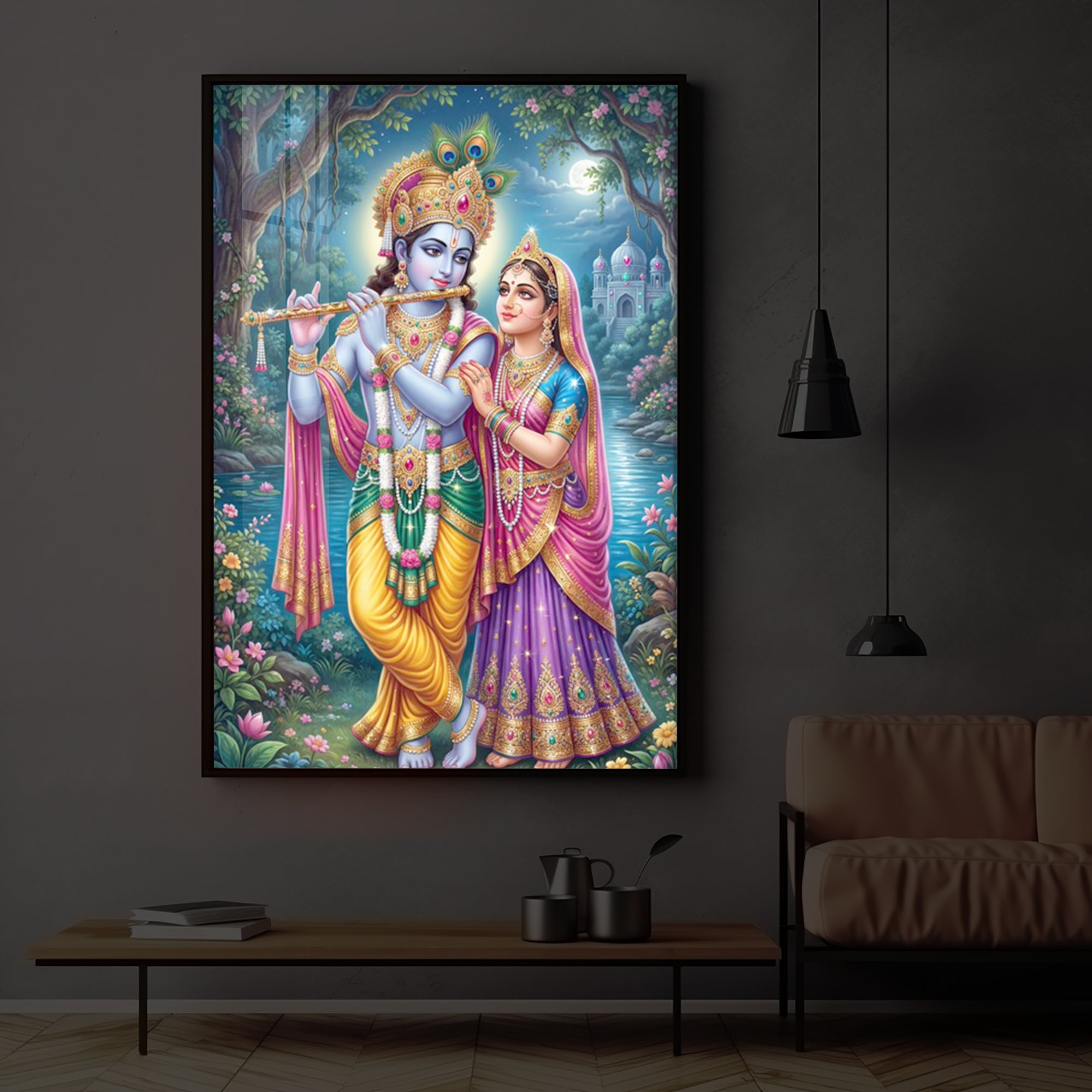 Hindu Deities Radha and Krishna Modern Luxury Backlight Vertical Wall Art