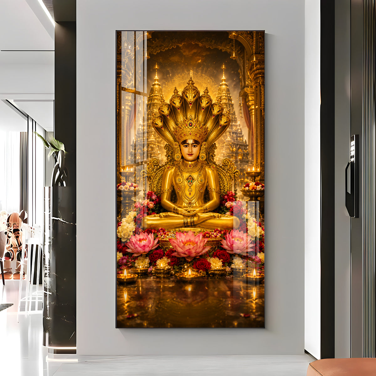 Divine Lord Parshvanath Golden Idol Lotus Premium Acrylic Vertical Wall Art