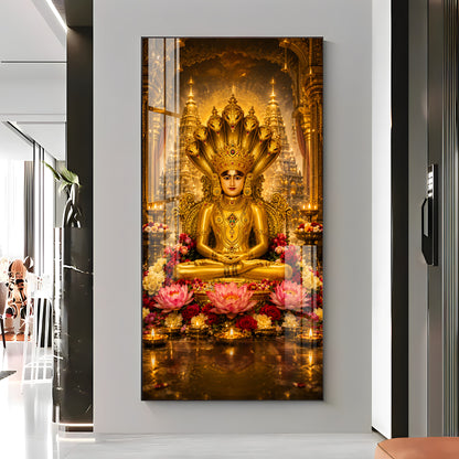 Divine Lord Parshvanath Golden Idol Lotus Premium Acrylic Vertical Wall Art
