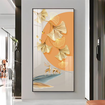Golden Ginkgo Leaves Deer Premium Acrylic Vertical Wall Art