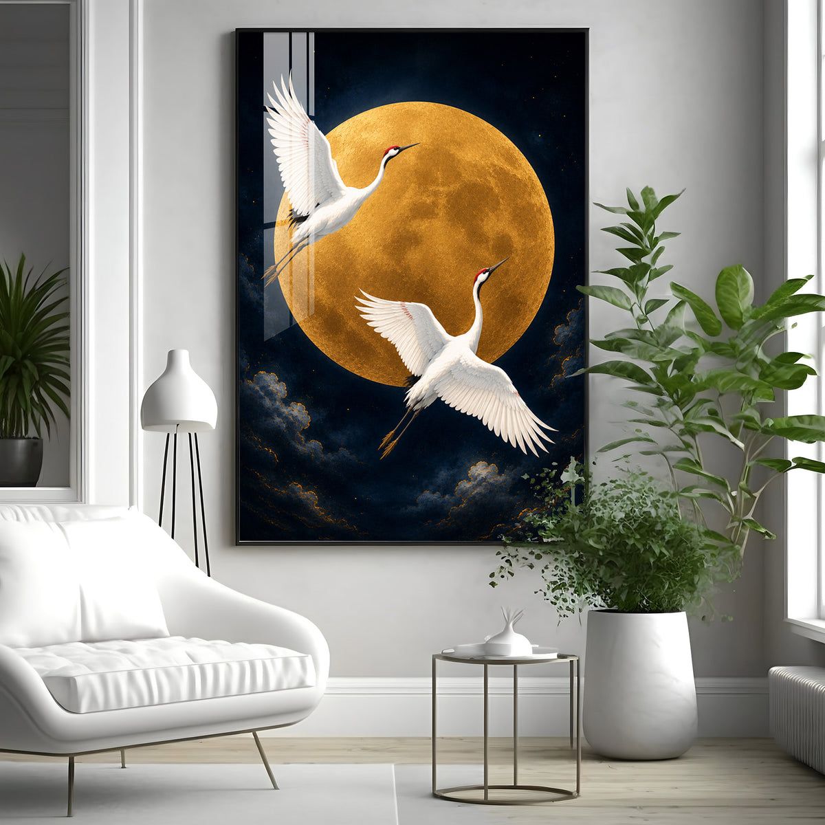 Golden Full Moon & Flying Cranes Premium Acrylic Vertical Wall Art