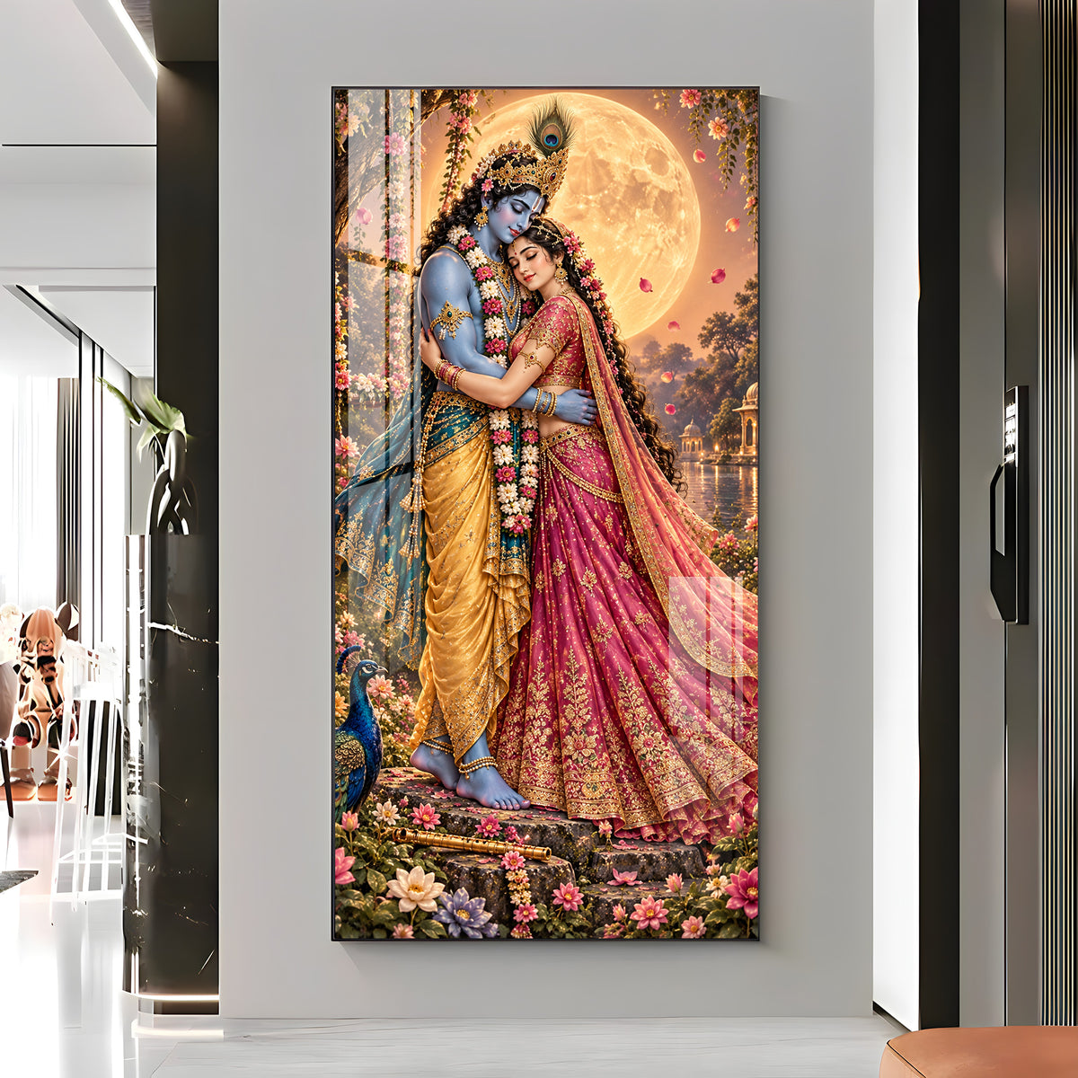 Shri Krishna and Radha in Night Glow Premium Acrylic Vertical Wall Art