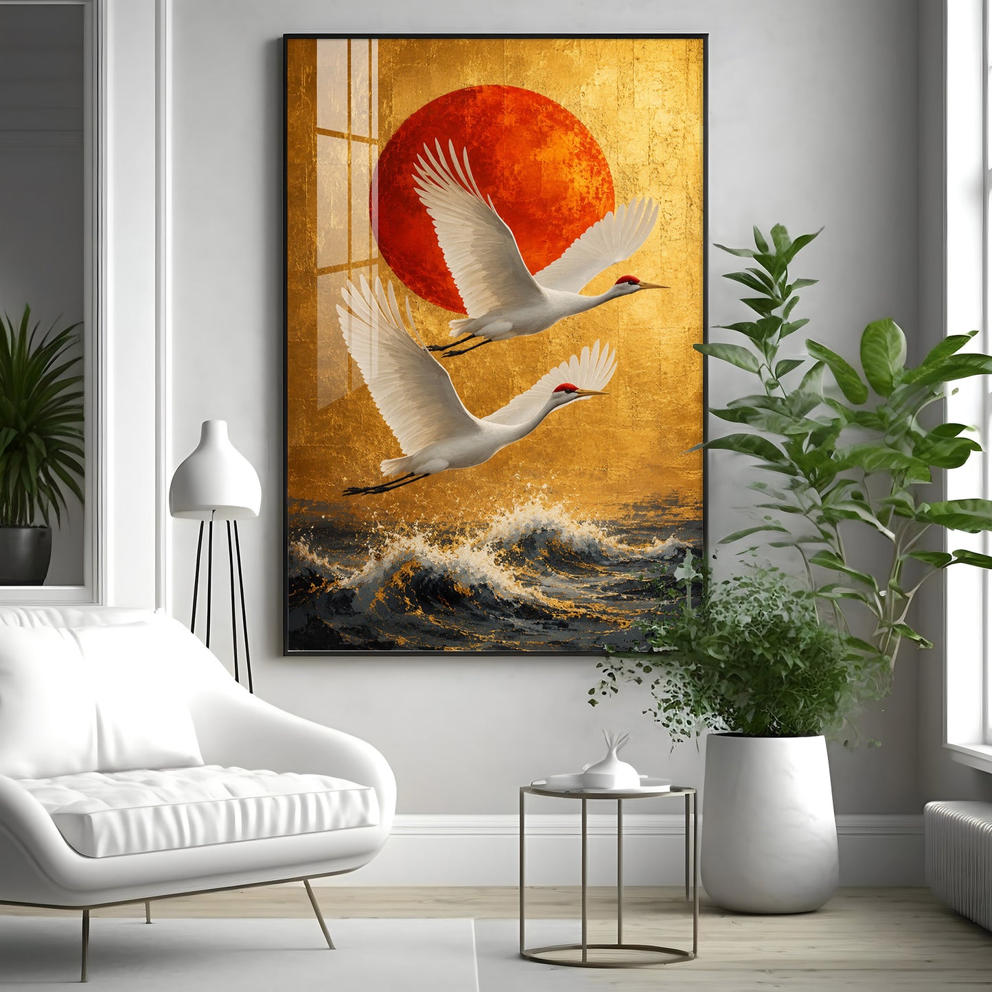 Cranes Over the Ocean & Red Sun Premium Acrylic Vertical Wall Art