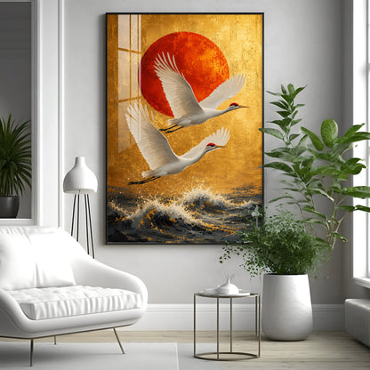 Cranes Over the Ocean & Red Sun Premium Acrylic Vertical Wall Art