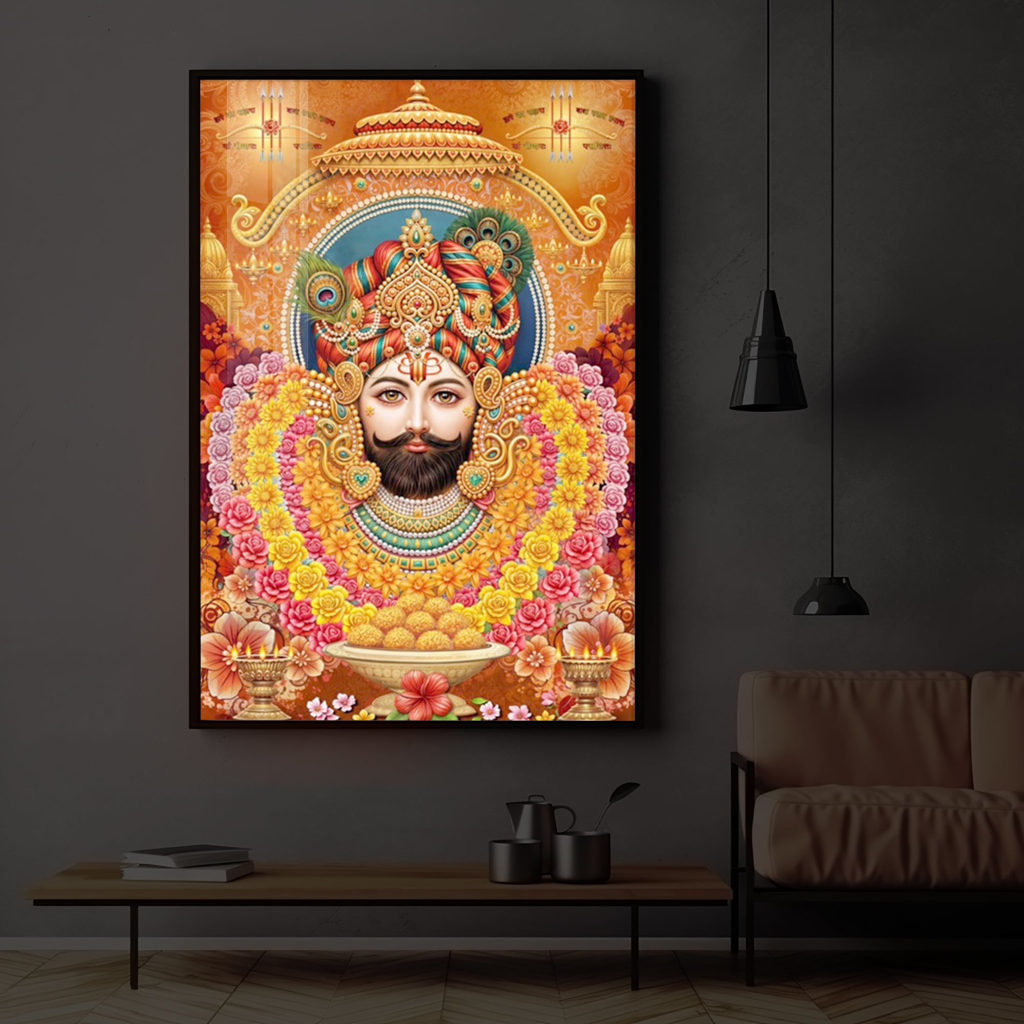 Hindu deity Khatu Shyam Ji Modern Luxury Backlight Vertical Wall Art