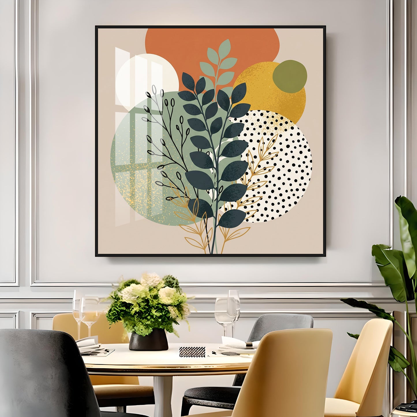 Leafy Branches Geometric Shapes Premium Acrylic Square Wall Art
