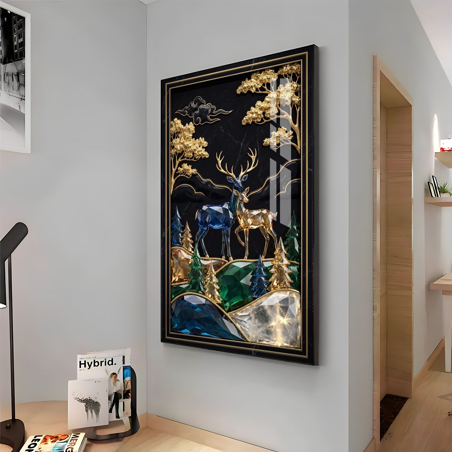 Pair Of Golden & Blue Deer Premium Acrylic Vertical Wall Art