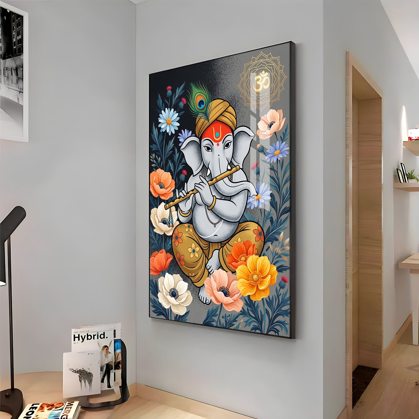 Lord Ganesha Playing Flute Premium Acrylic Vertical Wall Art
