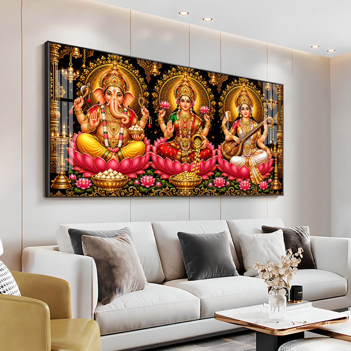 Hindu Lord Ganesha, Goddess Lakshmi, and Goddess Saraswati Premium Acrylic Horizontal Wall Art