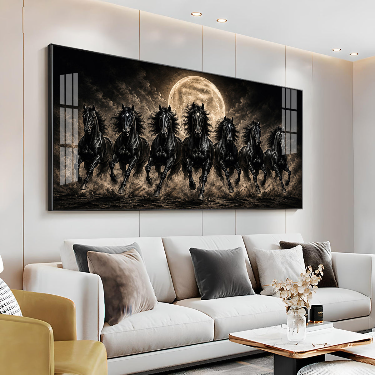 Seven Black Horses Full Moon Premium Acrylic Horizontal Wall Art
