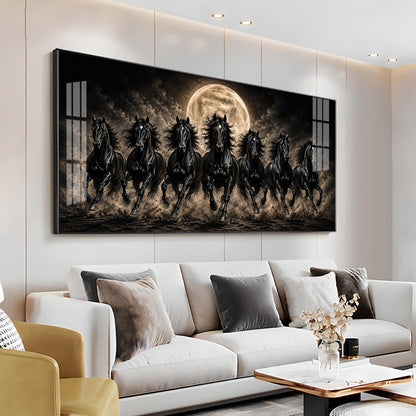 Seven Black Horses Full Moon Premium Acrylic Horizontal Wall Art