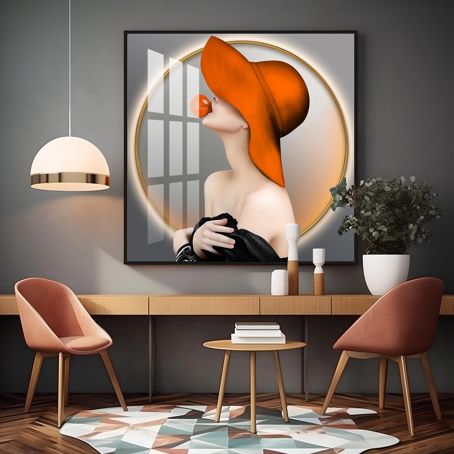 Modern Girl With Hat Premium Acrylic Square Wall Art