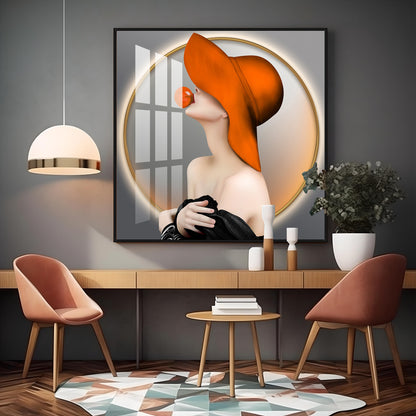 Modern Girl With Hat Premium Acrylic Square Wall Art