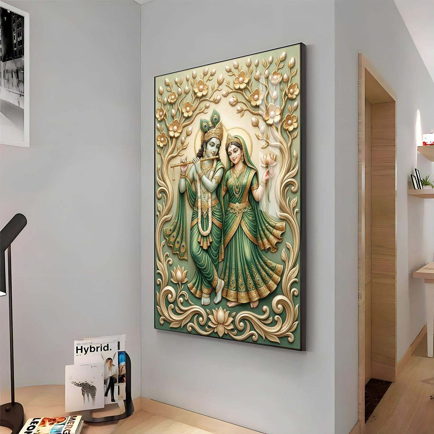 Radha Krishna With Green Background Premium Acrylic Vertical Wall Art