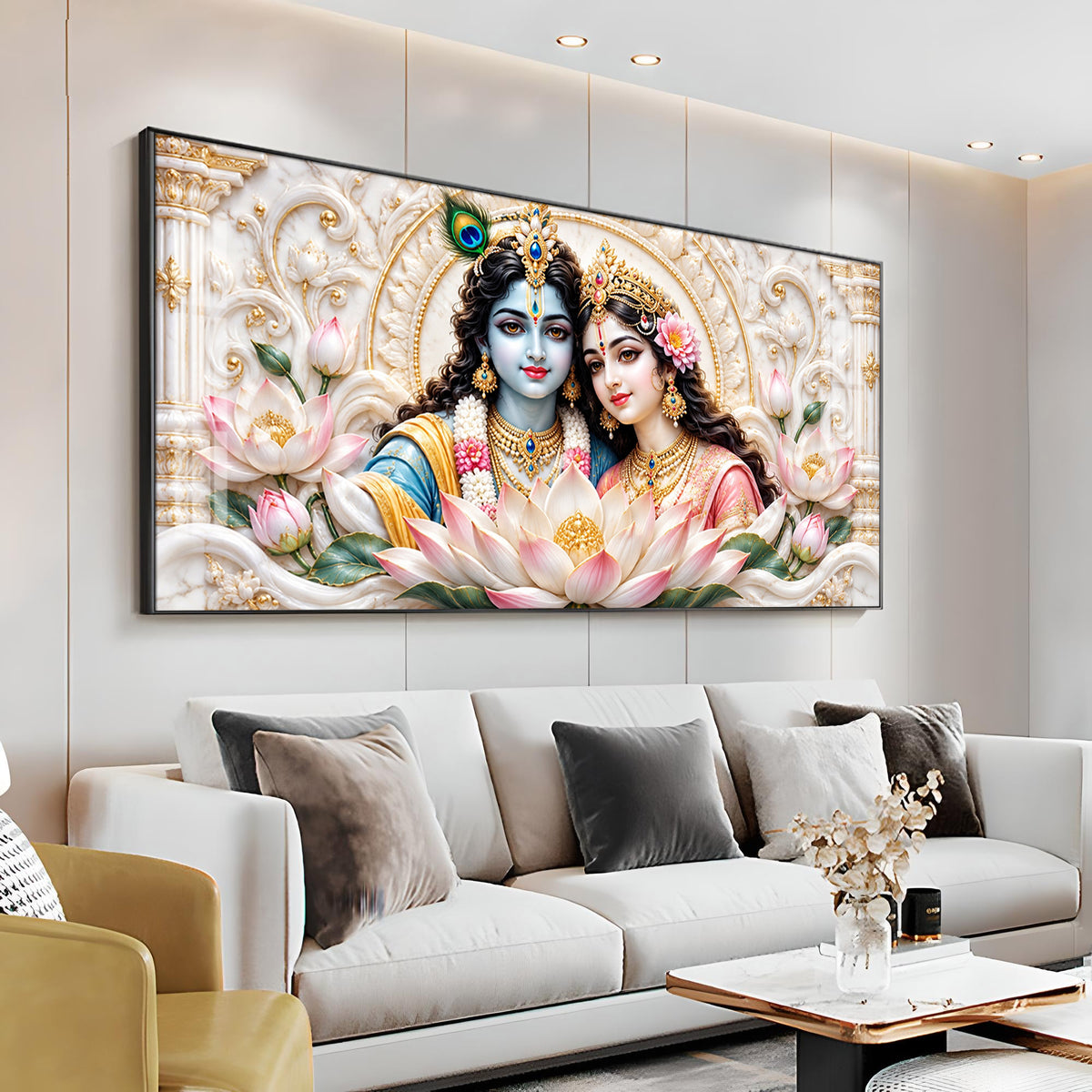 Radha Krishna With Lotus Premium Acrylic Horizontal Wall Art