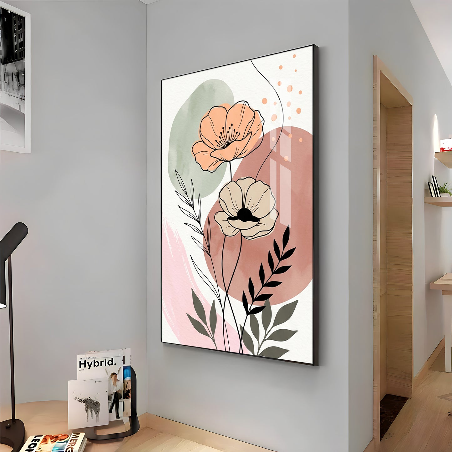 Floral Line & Geometric Shapes Premium Acrylic Vertical Wall Art