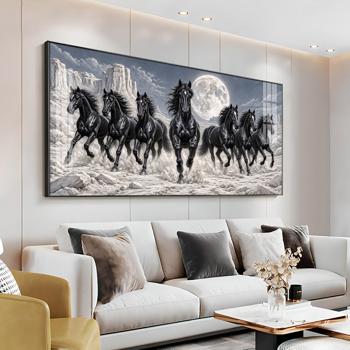 Seven Running Black Horses Premium Acrylic Horizontal Wall Art