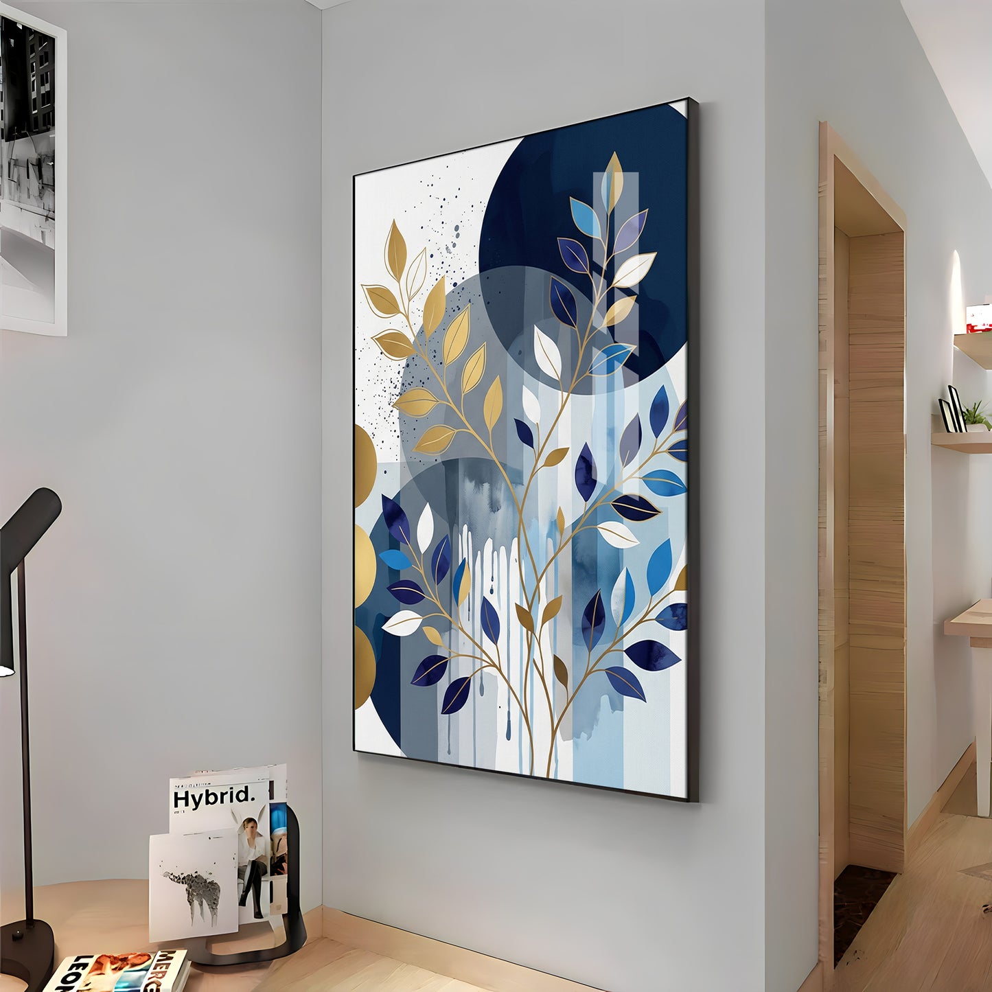 Colourfull Leaves Against Blue & Gold Circles Premium Acrylic Vertical Wall Art