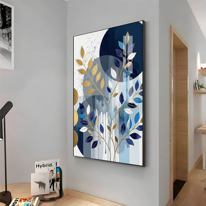 Colourfull Leaves Against Blue & Gold Circles Premium Acrylic Vertical Wall Art
