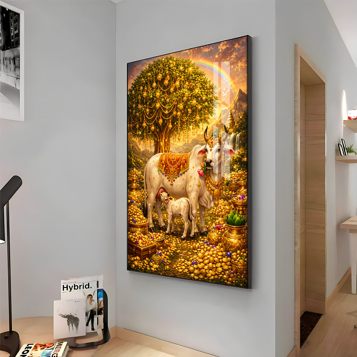 Golden Kamadhenu Wish-Fulfilling Cow Premium Acrylic Vertical Wall Art