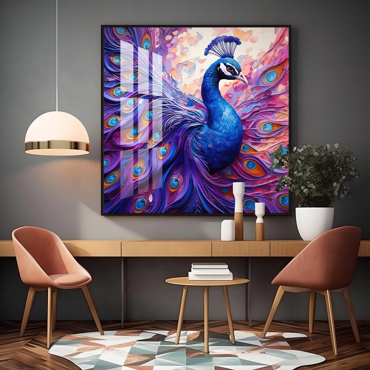 Vibrant Peacock With Feathers Premium Acrylic Square Wall Art