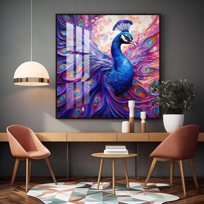 Vibrant Peacock With Feathers Premium Acrylic Square Wall Art
