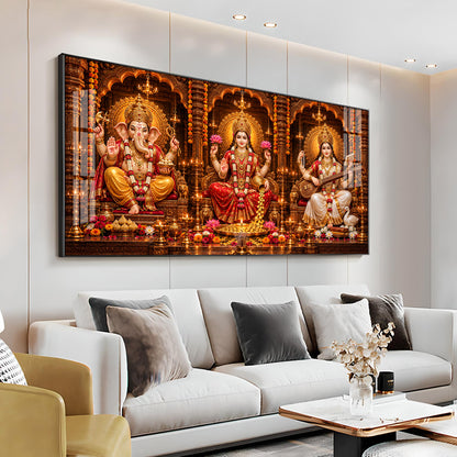 Shri Ganesha, Goddess Lakshmi, and Goddess Saraswati Premium Acrylic Horizontal Wall Art