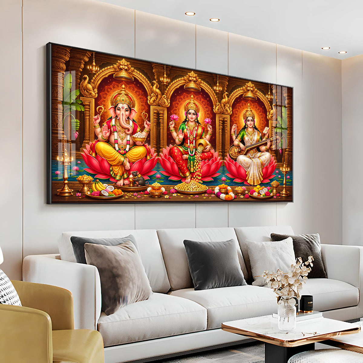 Lord Ganesha, Goddess Lakshmi and Goddess Saraswati Premium Acrylic Horizontal Wall Art