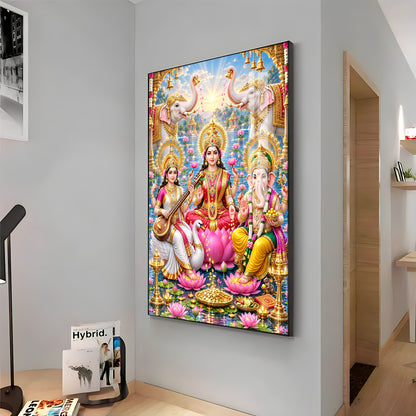 Lord Ganesh, Maa Laxmi & Maa Saraswati Premium Acrylic Vertical Wall Art