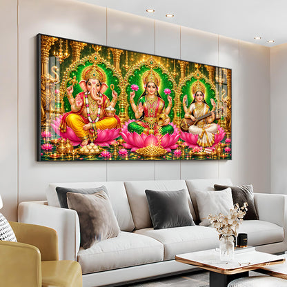 Maa Lakshmi, Ganesha Ji & Saraswati Premium Acrylic Horizontal Wall Art