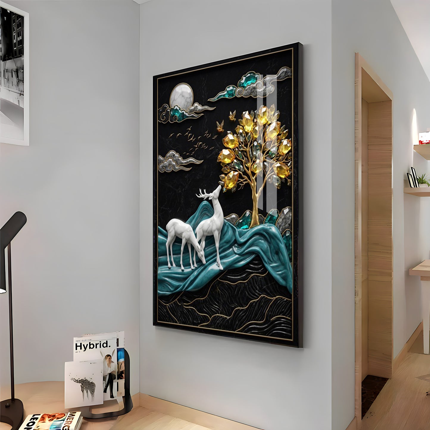 White Deers With Golden Tree Premium Acrylic Vertical Wall Art