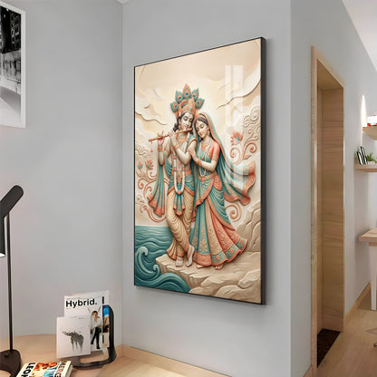 Radha Krishna Standing Together Premium Acrylic Vertical Wall Art