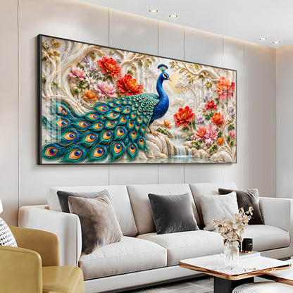 Vibrant Peacock With Floral Premium Acrylic Horizontal Wall Art