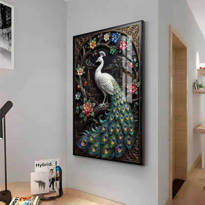 Peacock With Flowers Premium Acrylic Vertical Wall Art