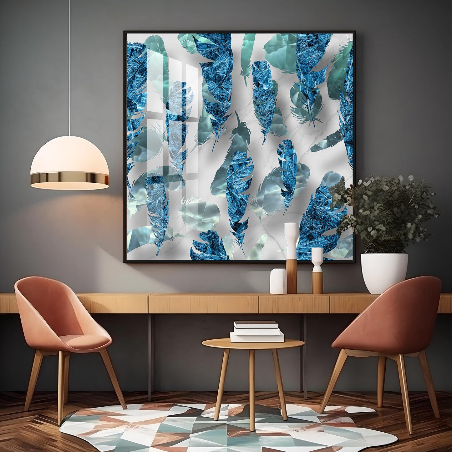 Elegant Blue Feather Premium Acrylic Square Wall Art