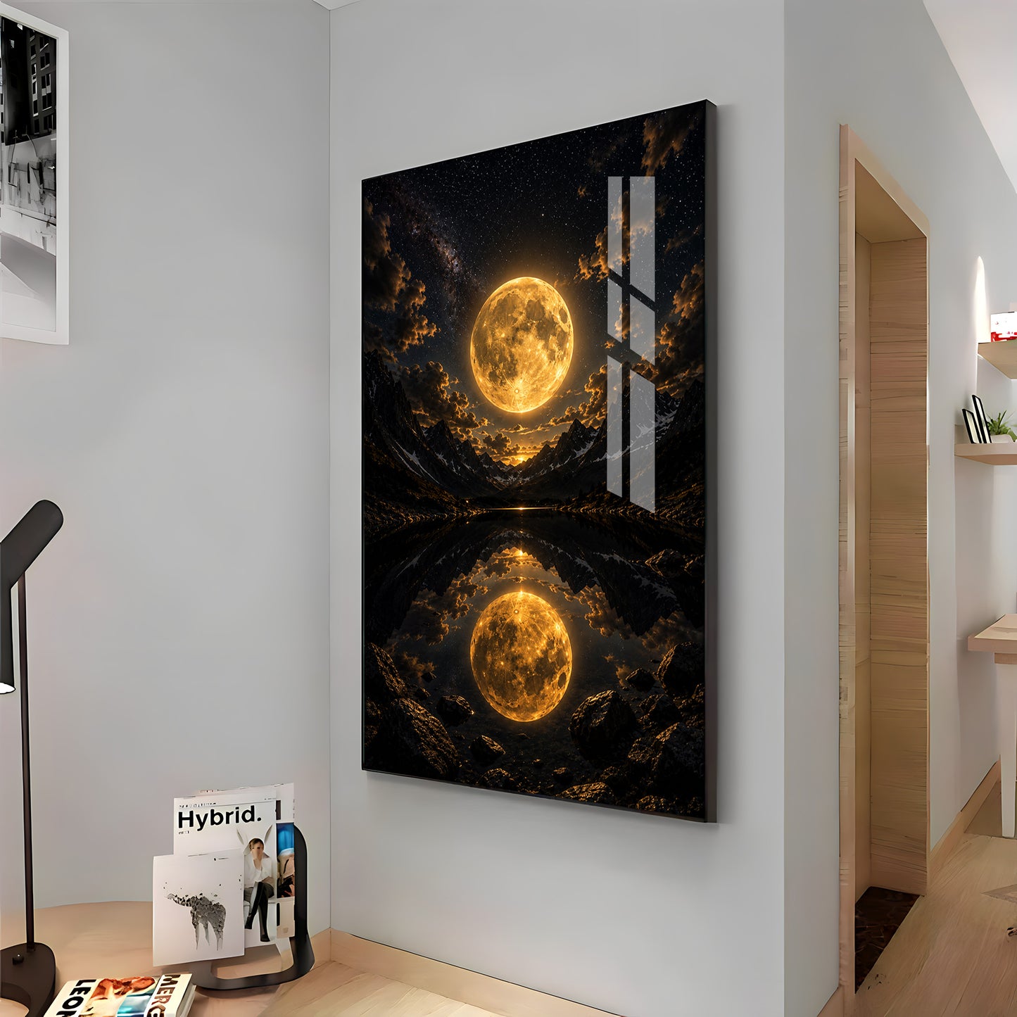 Luminous Supermoon & Mountain Lake Reflection Premium Acrylic Vertical Wall Art