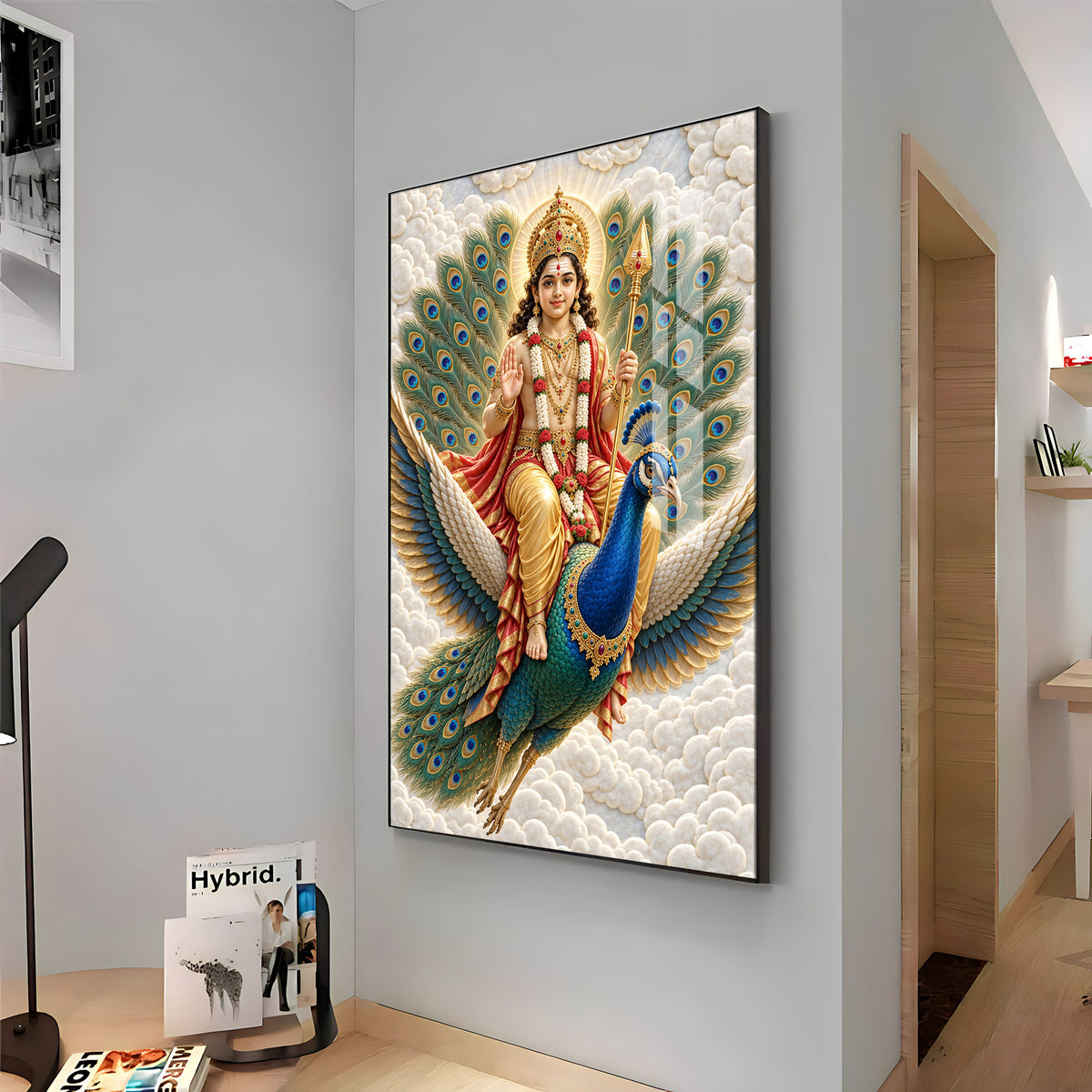 Lord Murugan With Peacock & Vel Premium Acrylic Vertical Wall Art