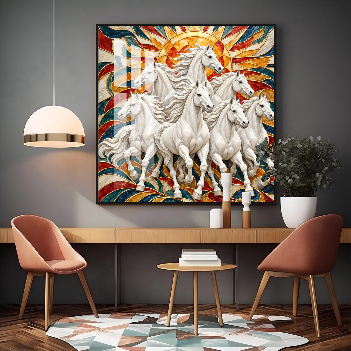 Seven Galloping White Horses Premium Acrylic Square Wall Art