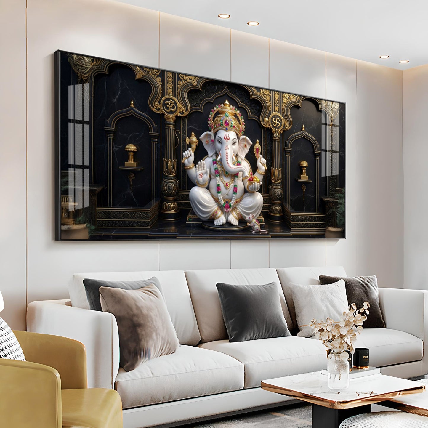 White & Gold Lord Ganesha Premium Acrylic Horizontal Wall Art