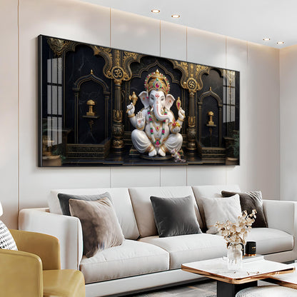 White & Gold Lord Ganesha Premium Acrylic Horizontal Wall Art