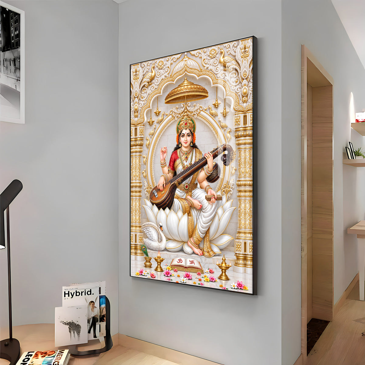 Divine Saraswati Devi Premium Acrylic Vertical Wall Art