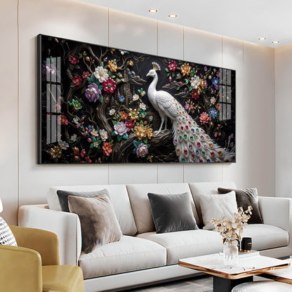 Peacock Embellishments & Black Background Premium Acrylic Horizontal Wall Art