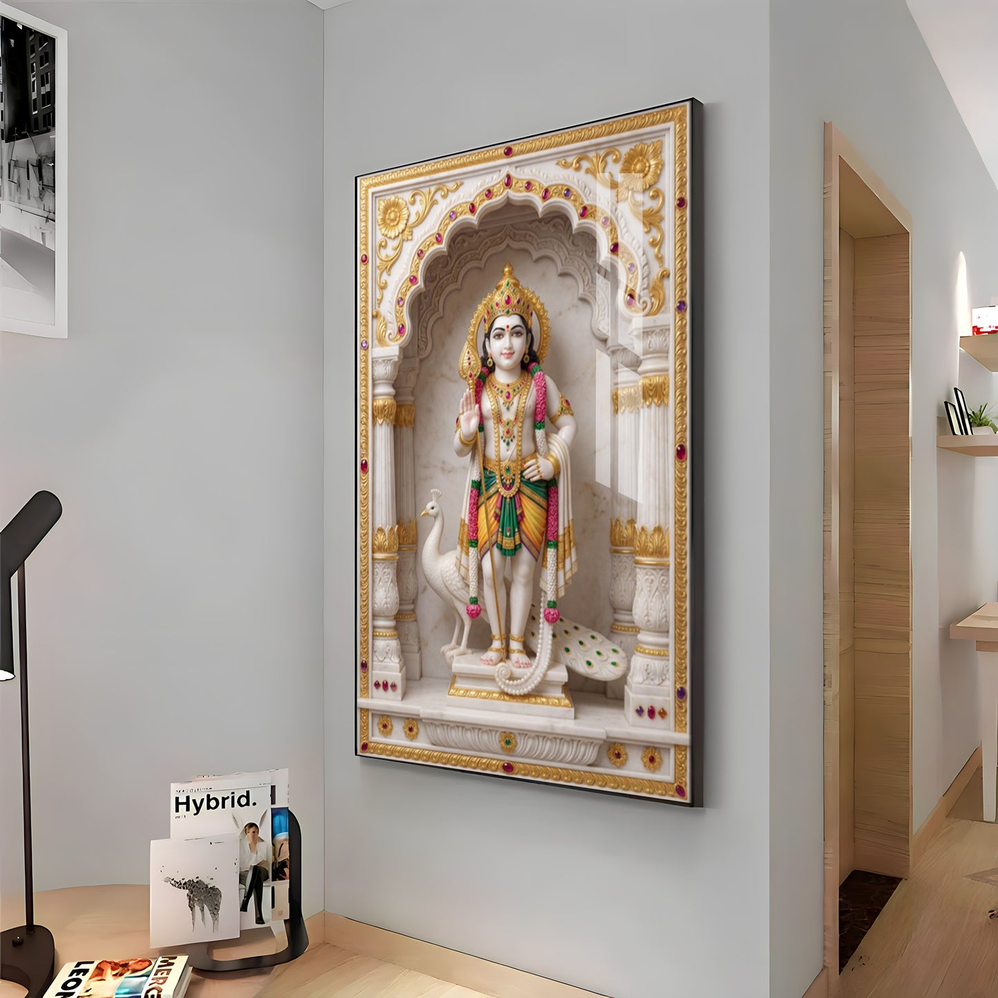 Lord Murugan With White Peacock Premium Acrylic Vertical Wall Art