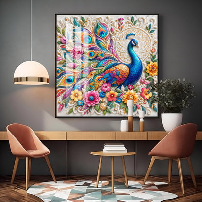 Vibrant Peacock Floral Premium Acrylic Square Wall Art