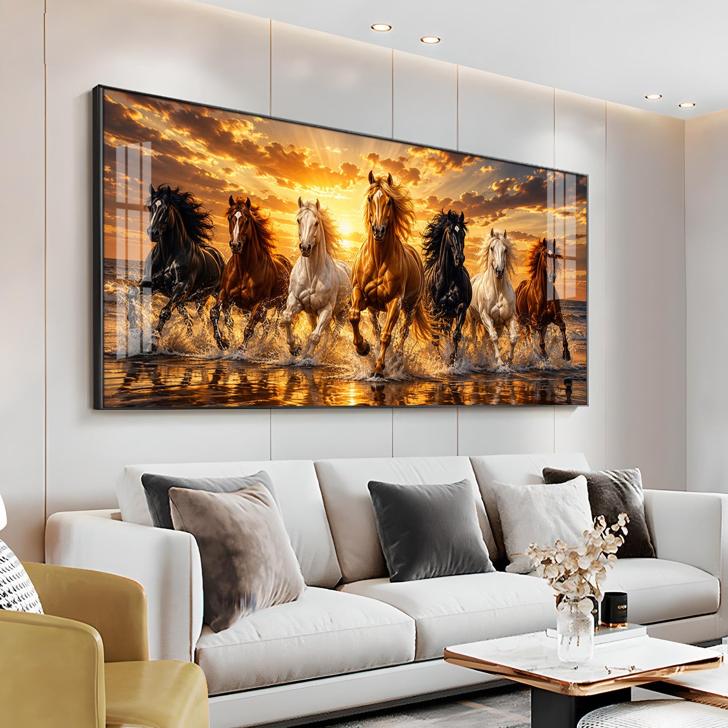Majestic Seven Horses Golden Hour Premium Acrylic Horizontal Wall Art