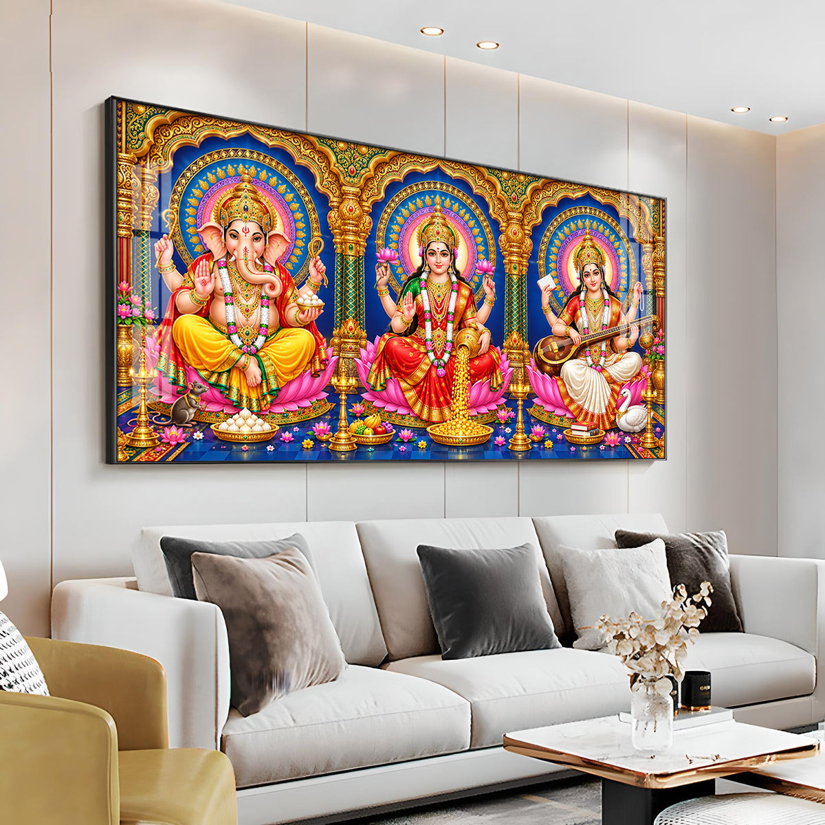 Divine Lord Ganesha, Goddess Saraswati & Goddess Lakshmi Premium Acrylic Horizontal Wall Art