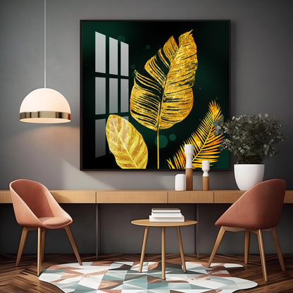 Luxury Golden Leaves Premium Acrylic Square Wall Art