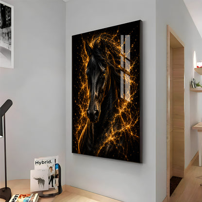 Fiery Golden Black Stallion Premium Acrylic Vertical Wall Art