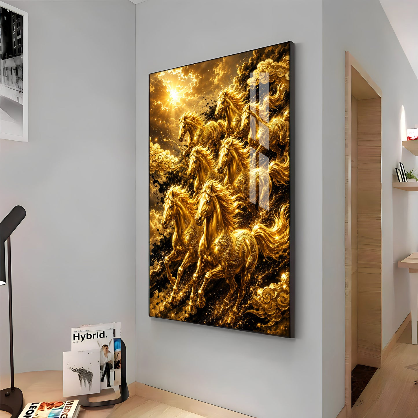 Golden Seven Horses Premium Acrylic Vertical Wall Art