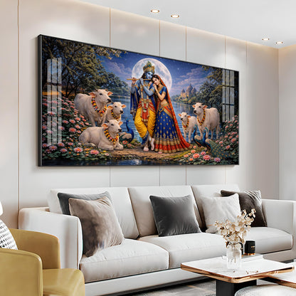 Shri Radha Krishna With Cow Premium Acrylic Horizontal Wall Art